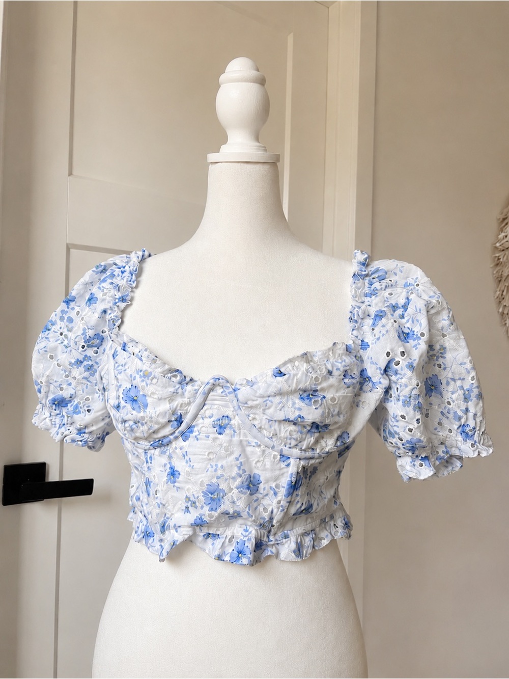 ASTR the Label Feronia Eyelet Puff-Sleeve Milkmaid Corset Top